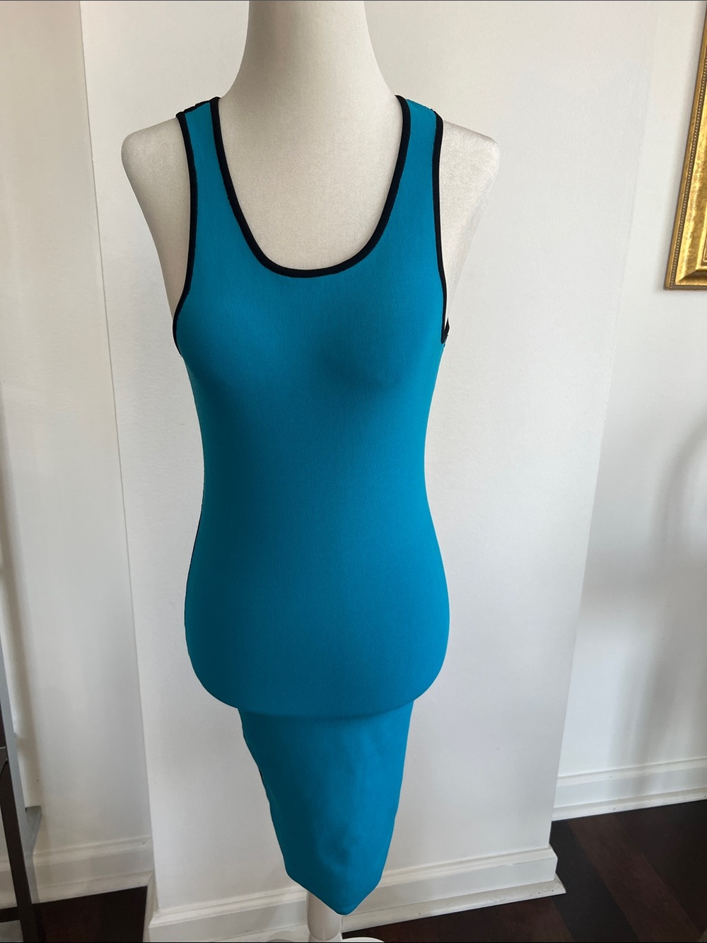 INTERMIX Teal Tank Midi Dress with Black Trim